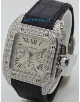 Cartier Santos 100 White Diamond Swiss ETA Valjoux 7750 Silver Watch