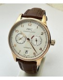 I W C Portuguese Power Reserve Rose Gold White Dial Leather Strap Swiss Automatic Watch