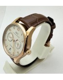 I W C Portuguese Power Reserve Rose Gold White Dial Leather Strap Swiss Automatic Watch