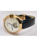CARTIER BALLON BLEU DE FLYING TOURBILLON WHITE SWISS AUTOMATIC LETAHER STRAP WATCH