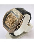 Franck Muller Vanguard Diamond Golden Dial Leather Strap Swiss ETA Automatic Watch