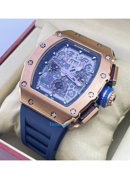 Richard Mille RM11 Rose Gold Blue Rubber Strap Swiss Automatic Watch