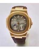 Patek Philippe Nautilus Moon Phase Power Reserve Brown Leather Strap Swiss Automatic Watch