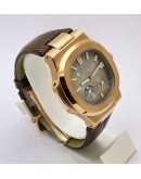 Patek Philippe Nautilus Moon Phase Power Reserve Brown Leather Strap Swiss Automatic Watch