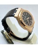 Audemars Piguet Royal Oak Rose Gold Black Leather Strap Swiss Automatic Watch