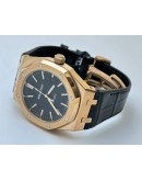 Audemars Piguet Royal Oak Rose Gold Black Leather Strap Swiss Automatic Watch
