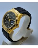 Rolex Sky Dweller Gold Black Rubber Strap Swiss ETA Automatic 7750 Valjoux Movement Watch
