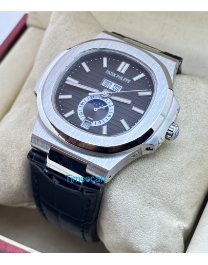 Patek Philippe Nautilus Annual Calendar Moon Phase Leather Strap Swiss Automatic Watch
