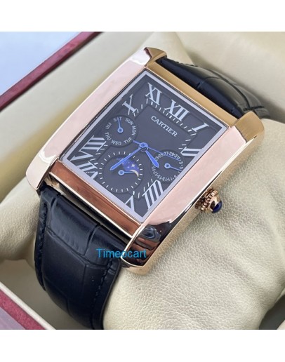 Cartier Tank Day-Date Moon Phase Black Rose Gold Leather Strap Watch