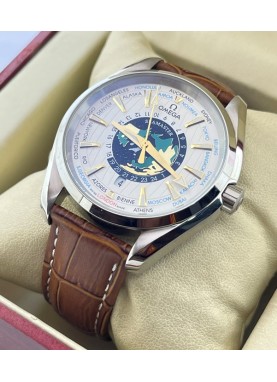 OMEGA SEAMASTER AQUA TERA WORLD TIME BORWN LEATHER STRAP SWISS AUTOMATIC WATCH