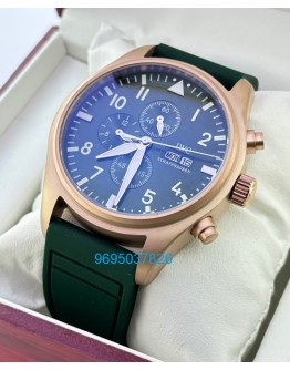 I W C Pilot Chronograph Day-Date Rose Gold Green Rubber Strap Watch