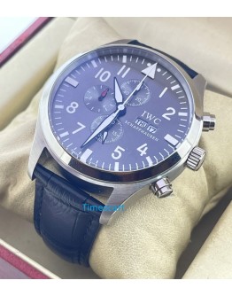 I W C Pilot Chronograph Grey Day-Date Leather Strap Watch