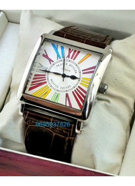 Franck Muller Square Master Steel Color Dreams Roman Mark Leather Strap Watch
