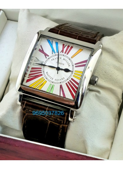 Franck Muller Square Master Steel Color Dreams Roman Mark Leather Strap Watch