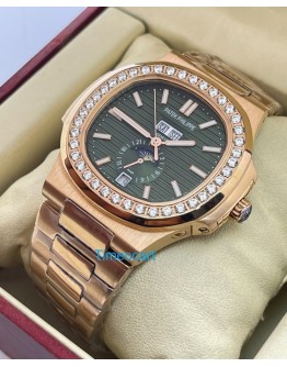 Patek Philippe Nautilus Annual Calendar Diamond Bezel Green Rose Gold Swiss Automatic Watch