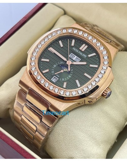 Patek Philippe Nautilus Annual Calendar Diamond Bezel Green Rose Gold Swiss Automatic Watch