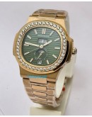Patek Philippe Nautilus Annual Calendar Diamond Bezel Green Rose Gold Swiss Automatic Watch