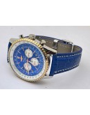 Breitling Navitimer Chrono Rose Gold Bezel Blue Leather Strap Watch