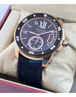 Cartier Calibre De Diver Rose Gold Black Rubber Strap Watch