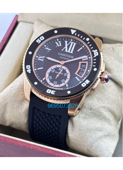 Cartier Calibre De Diver Rose Gold Black Rubber Strap Watch