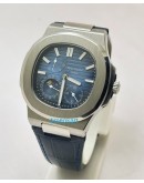 Patek Philippe Nautilus Moon Phase Power Resrve Blue Leather Strap Swiss Automatic Watch