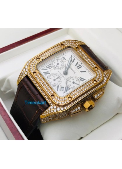Cartier Santos 100 Diamond Swiss ETA Valjoux 7750 Rose Gold Watch